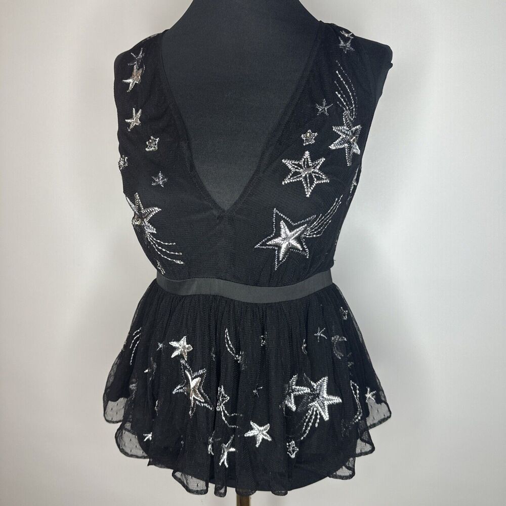 Vintage Express Embroidered Star Black Peplum VNeck Sheer Tank Rhinestones Sz 4